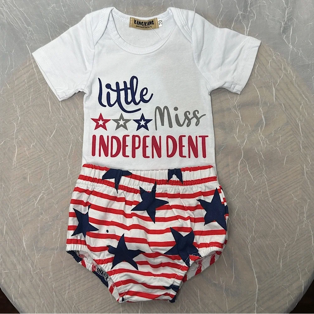 3/$20💥 Red‎ White & Blue Stars & Stripes Little Miss Independent Newborn Outfit